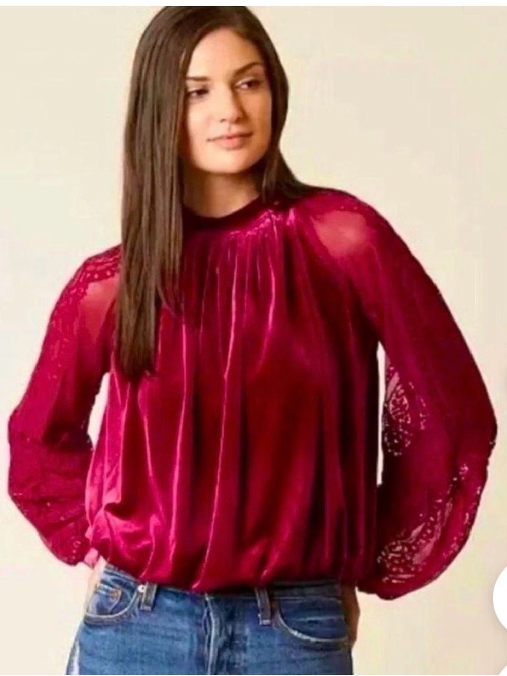 Free People Burgundy Velvet Blouse with Lace Sleeves